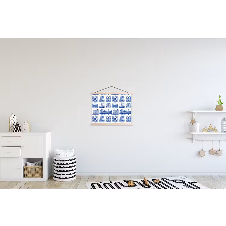 Huizen - Schepen - Blauw textielposter latten blank klein 122 -kinderkamer