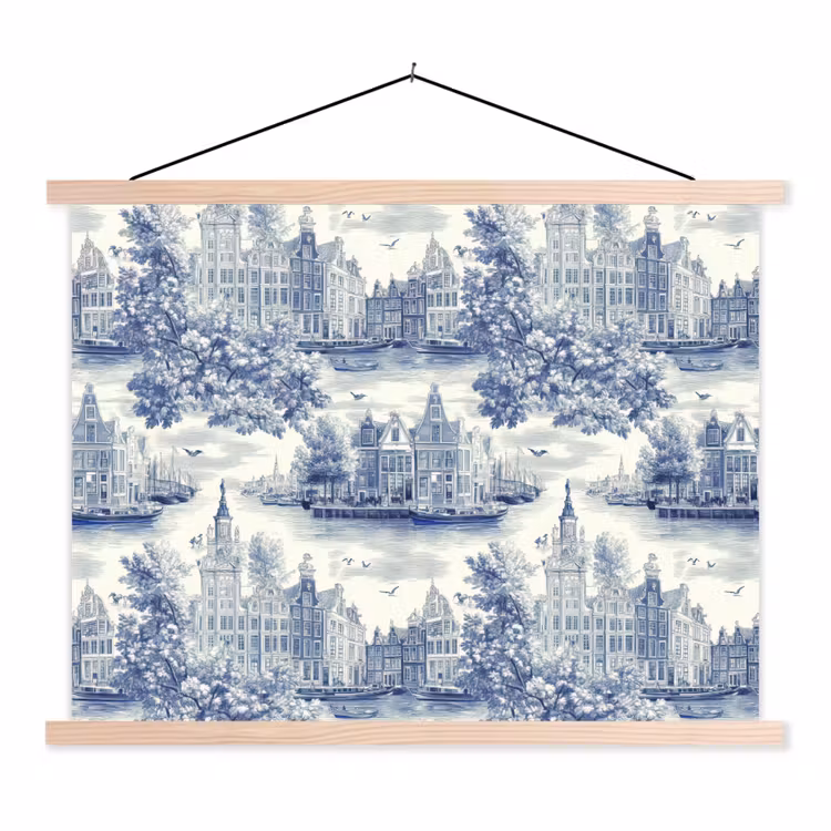 Huizen - Bomen - Water - Vogels - Blauw textielposter latten blank klein 122 -3d