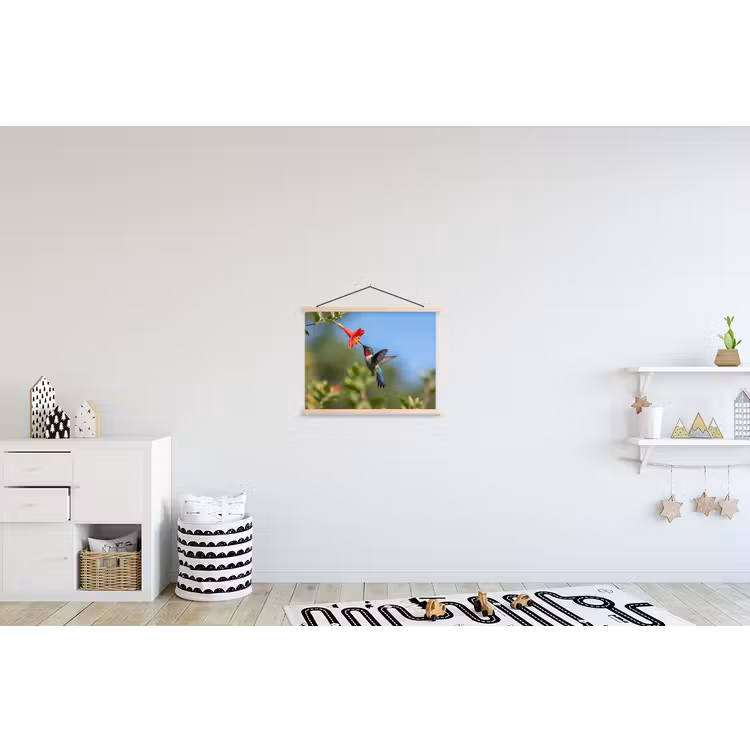 Kolibrie - Bloem - Natuur - Groen textielposter latten blank klein -kinderkamer