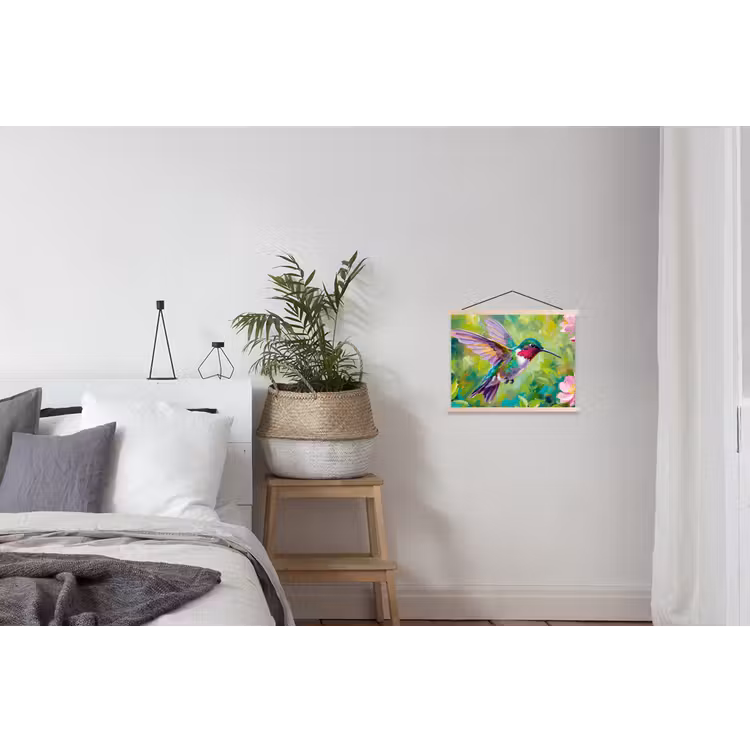 Kolibrie - Bloemen - Natuur - Kleurrijk textielposter latten blank klein -woonkamer
