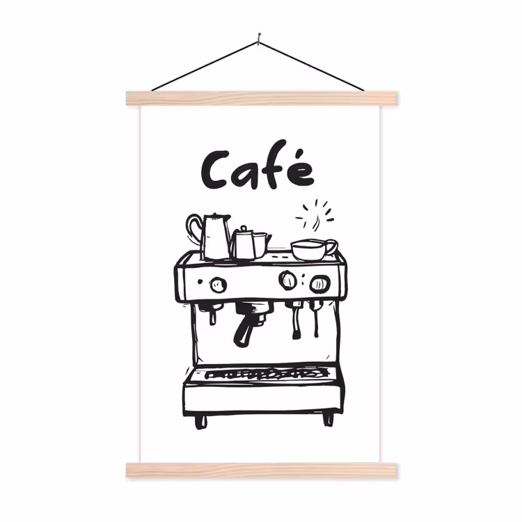 Illustratie - Café - Koffiemachine - Kopjes textielposter latten blank klein -3d