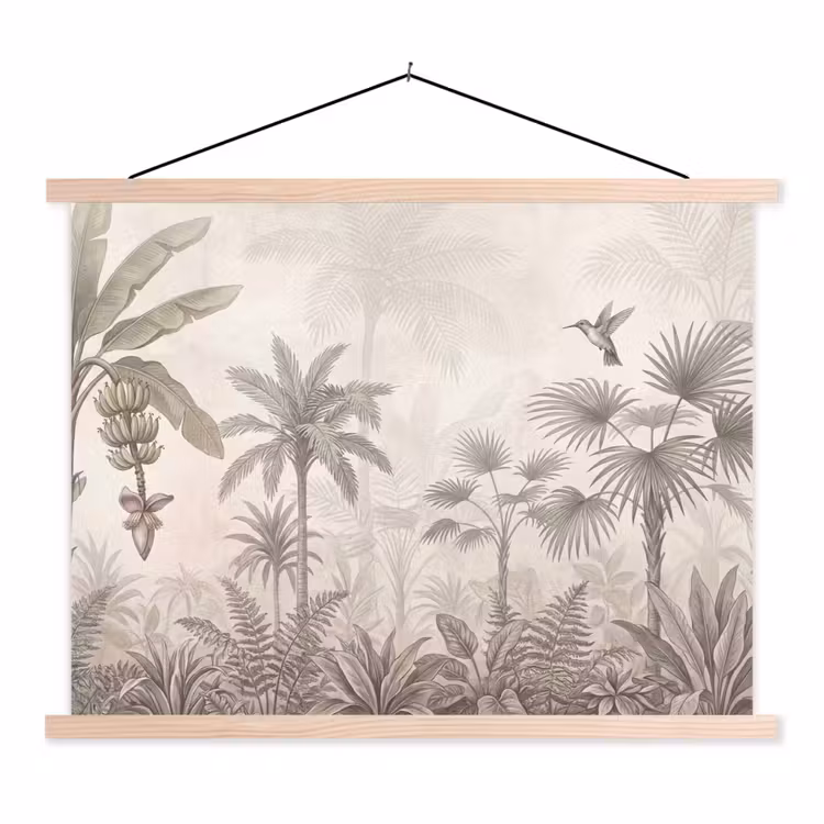 Jungle - Banenboom - Kolibrie - Beige textielposter latten blank klein -3d