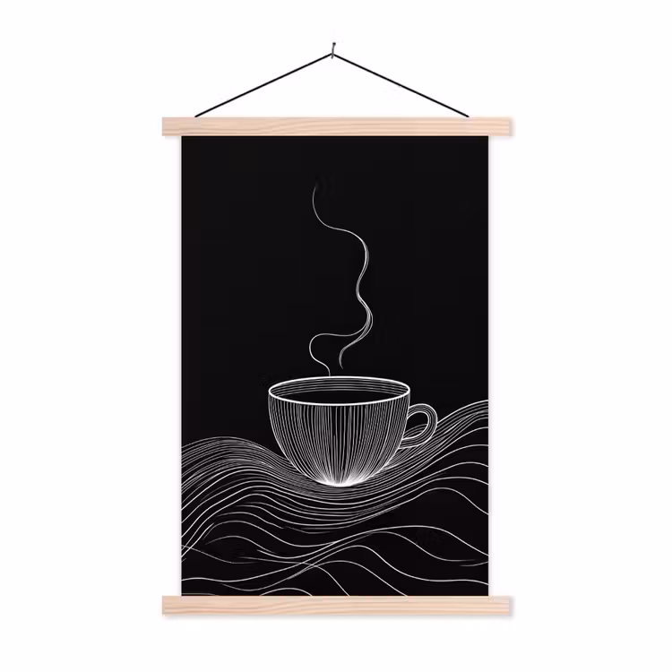 Lijntekening - Koffiekop - Zwart textielposter latten blank klein -3d