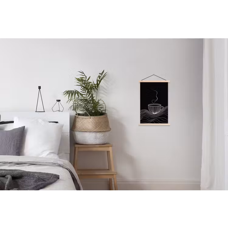 Lijntekening - Koffiekop - Zwart textielposter latten blank klein -woonkamer