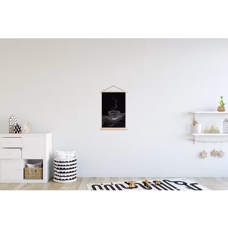 Lijntekening - Koffiekop - Zwart textielposter latten blank klein -kinderkamer