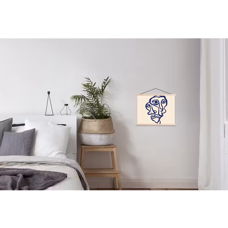 Lijntekening - Overlappende gezichten - Donkerblauw textielposter latten blank klein -woonkamer