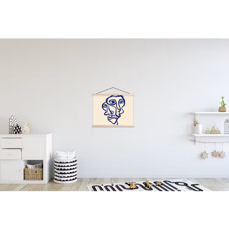 Lijntekening - Overlappende gezichten - Donkerblauw textielposter latten blank klein -kinderkamer