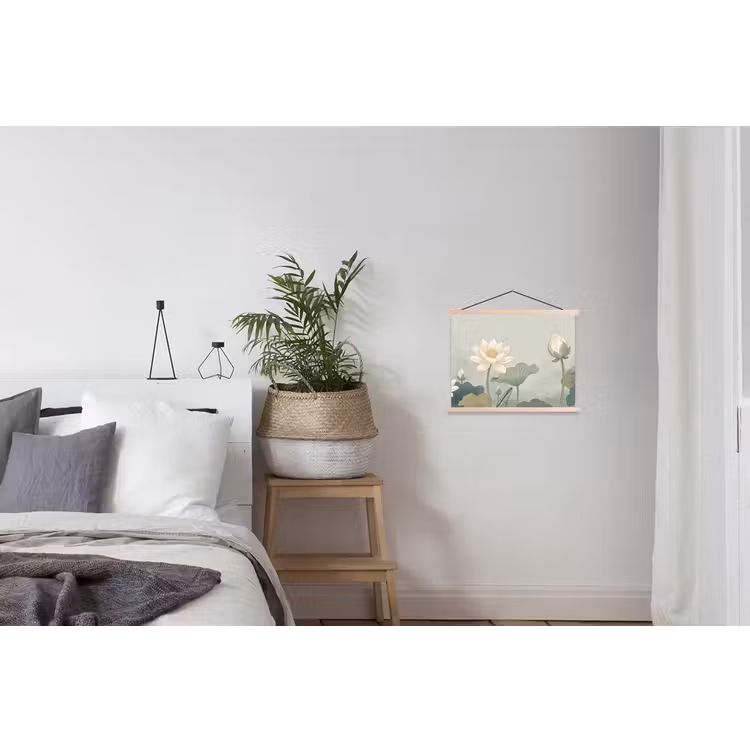 Lotus - Bloemen - Groen textielposter latten blank klein -woonkamer