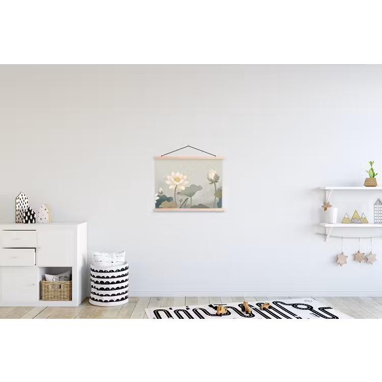 Lotus - Bloemen - Groen textielposter latten blank klein -kinderkamer
