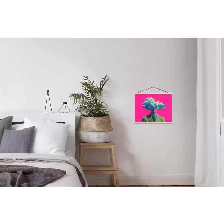 Man - Pak - Wolk - Roze textielposter latten blank klein -woonkamer