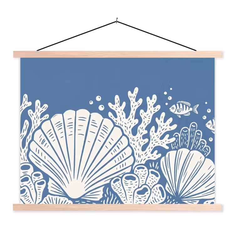 Zeeleven - Koraal - Schelp - Vis - Illustratie - Onderwater textielposter latten blank klein -3d