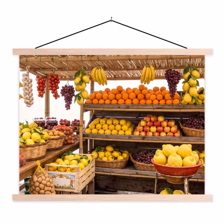 Hanging Poster - Market Stall - Fruit - Fresh - Marktkraam - Fruit - Vers textielposter latten blank klein