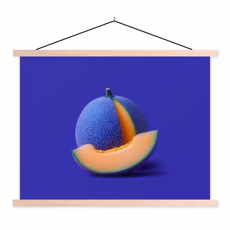 Meloen - Blauw - Oranje - Kunstzinnig textielposter latten blank klein -3d