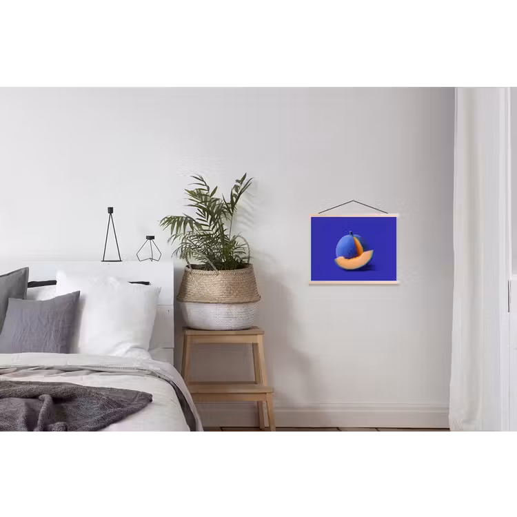 Meloen - Blauw - Oranje - Kunstzinnig textielposter latten blank klein -woonkamer