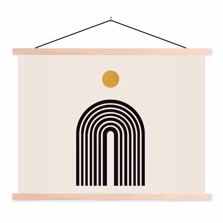 Minimalistisch - Zwarte boog - Gouden cirkel textielposter latten blank klein -3d