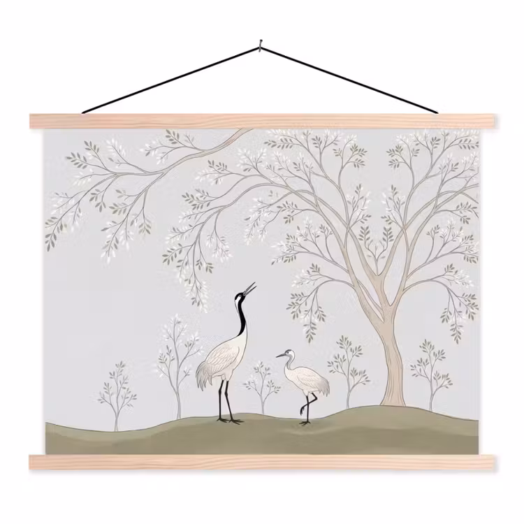 Minimalistisch - Kraanvogels - Blauw textielposter latten blank klein -3d