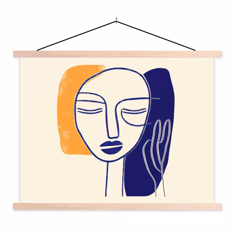Minimalistisch - Gezicht - Hand - Oranje - Blauw textielposter latten blank klein -3d