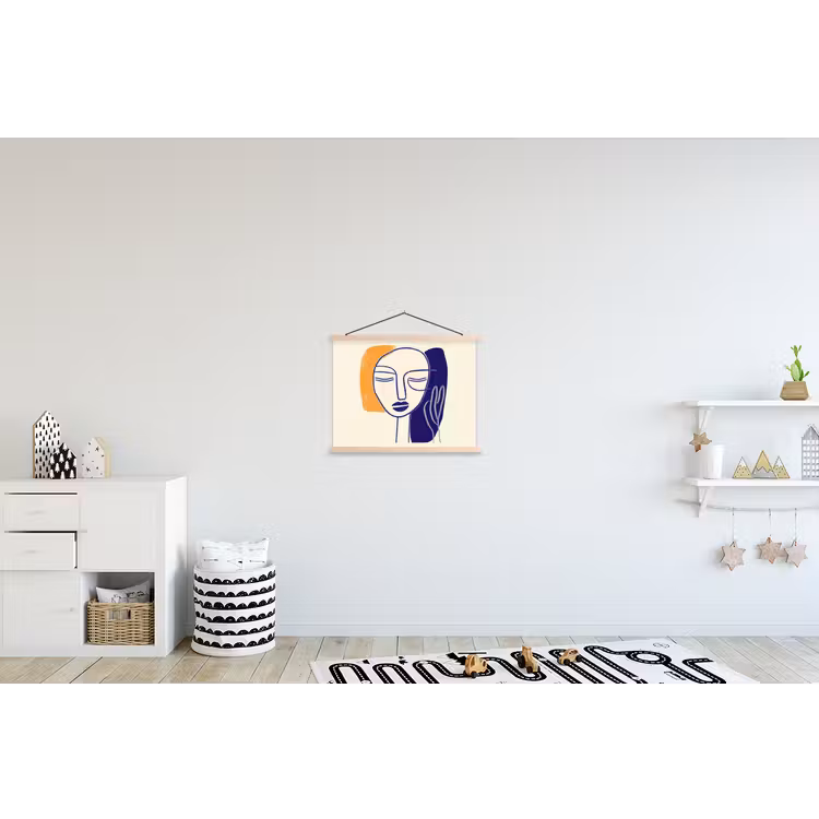 Minimalistisch - Gezicht - Hand - Oranje - Blauw textielposter latten blank klein -kinderkamer