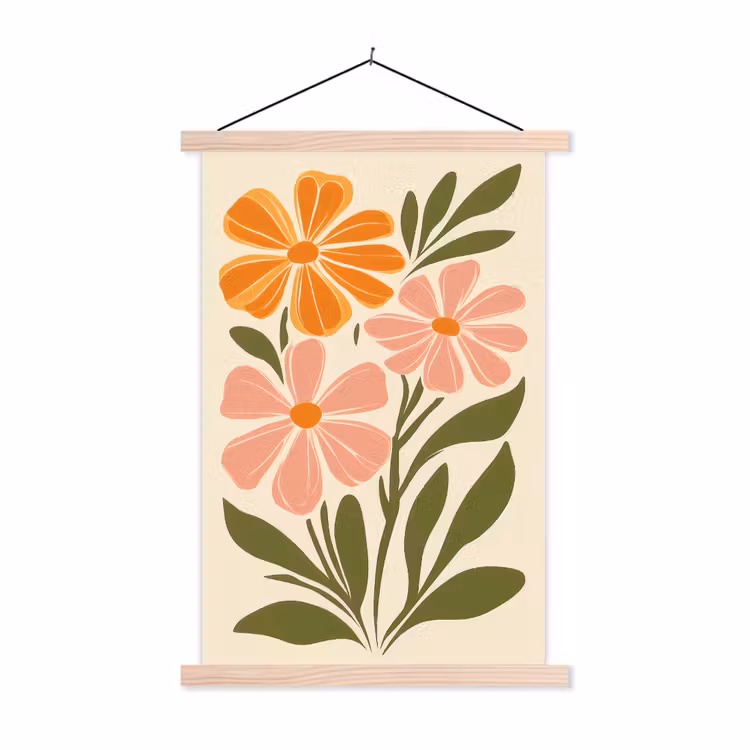 Minimalistisch - Bloemen - Bladeren - Roze textielposter latten blank klein -3d