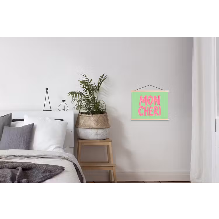 Mon cheri - Groen - Roze textielposter latten blank klein -woonkamer