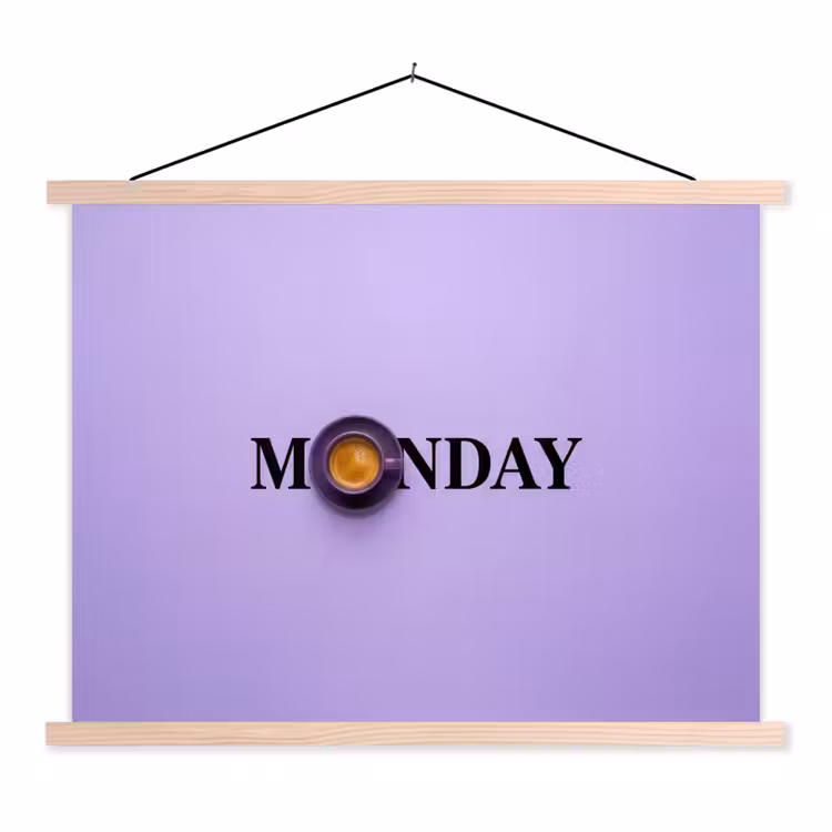 Maandag - Mok - Koffie - Paars textielposter latten blank klein -3d