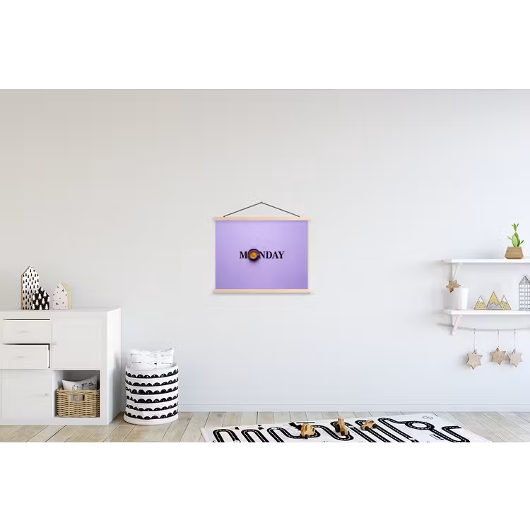 Maandag - Mok - Koffie - Paars textielposter latten blank klein -kinderkamer