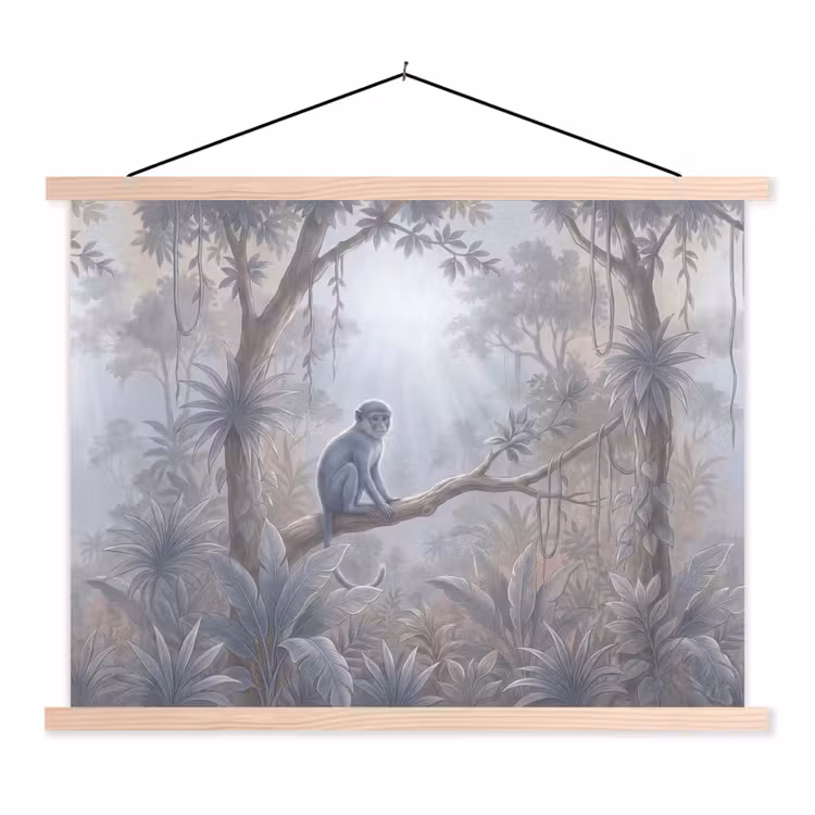 Aap - Boom - Jungle - Natuur - Grijs textielposter latten blank klein -3d