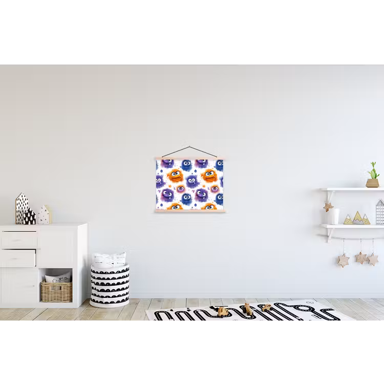 Monstertjes - Aquarel - Kleurrijk textielposter latten blank klein 122 -kinderkamer