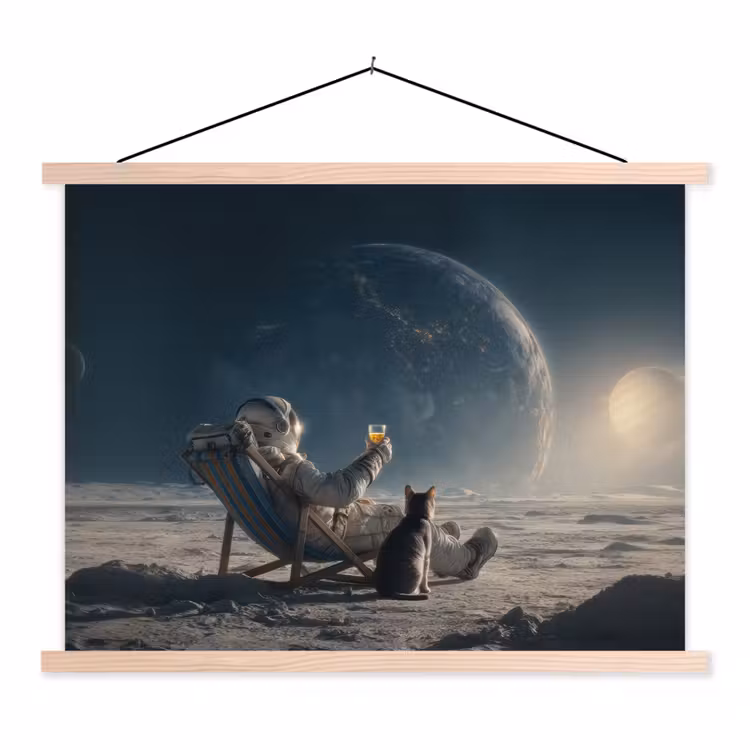 Maan - Kat - Astronaut - Ruimte textielposter latten blank klein -3d