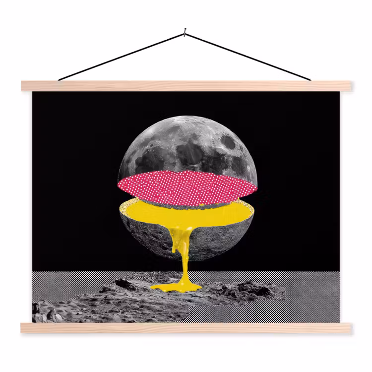Maan - Geel - Roze - Zwart textielposter latten blank klein -3d