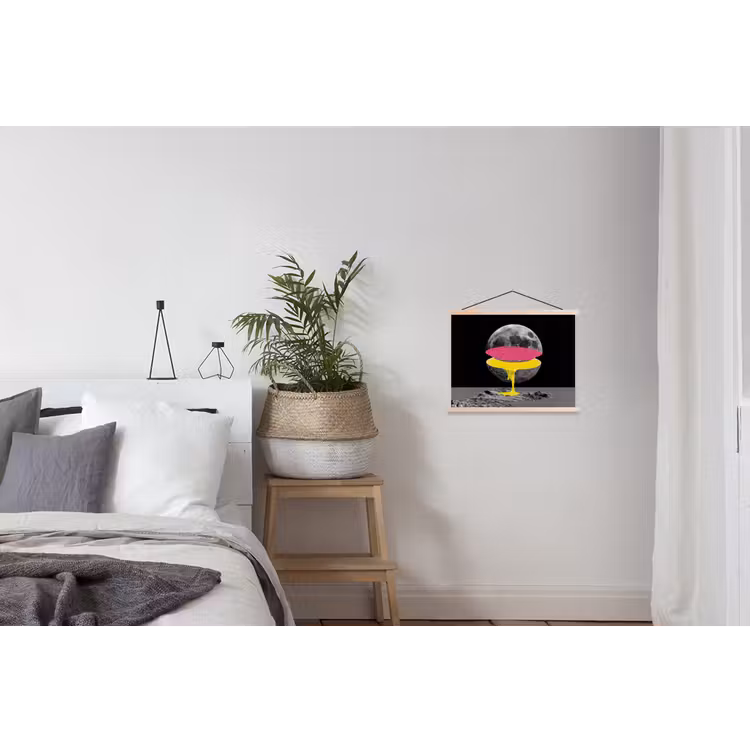 Maan - Geel - Roze - Zwart textielposter latten blank klein -woonkamer