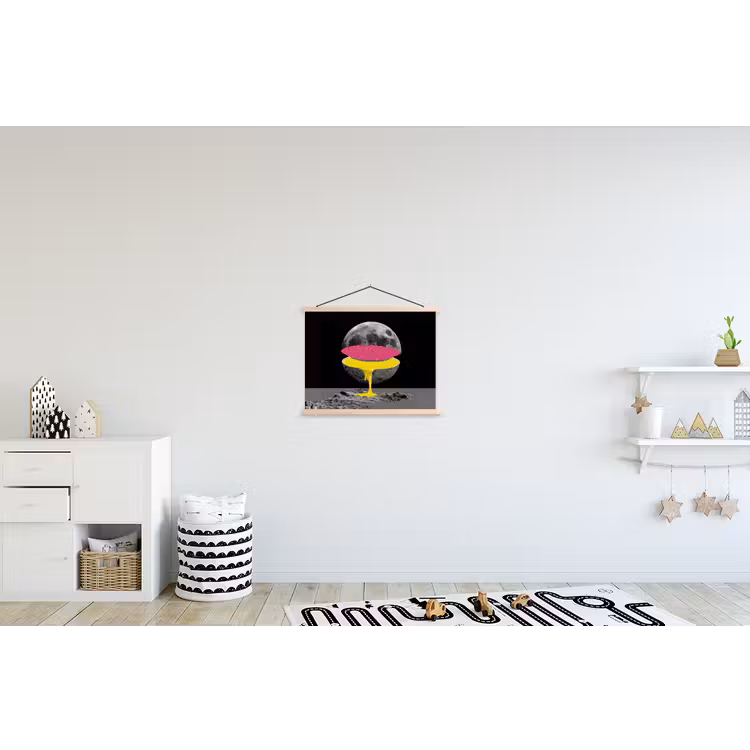 Maan - Geel - Roze - Zwart textielposter latten blank klein -kinderkamer