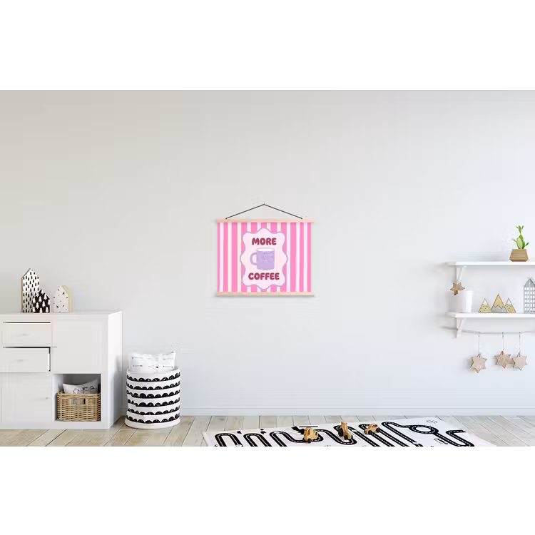More coffee - Roze - Paars - Strepen - Mok textielposter latten blank klein -kinderkamer