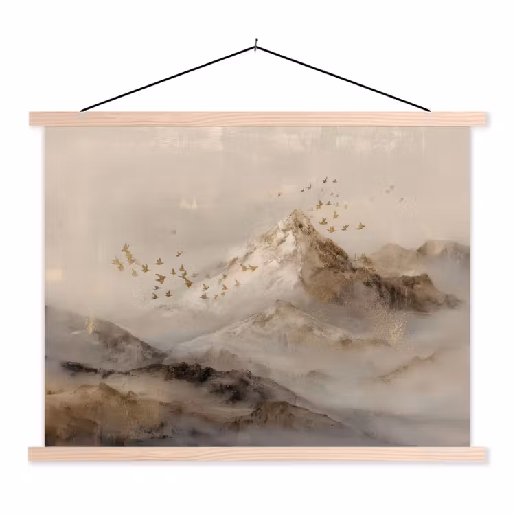 Berglandschap - Mist  - Penseelstreken textielposter latten blank klein -3d