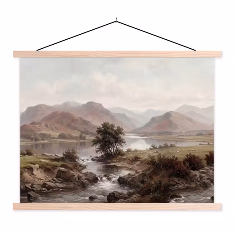Berglandschap - Meer - Bergen - Vallei - Klassiek textielposter latten blank klein -3d