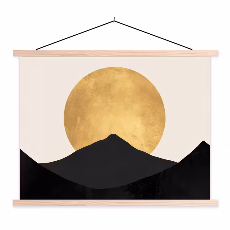 Bergsilhouetten - Gouden cirkel - Beige textielposter latten blank klein -3d