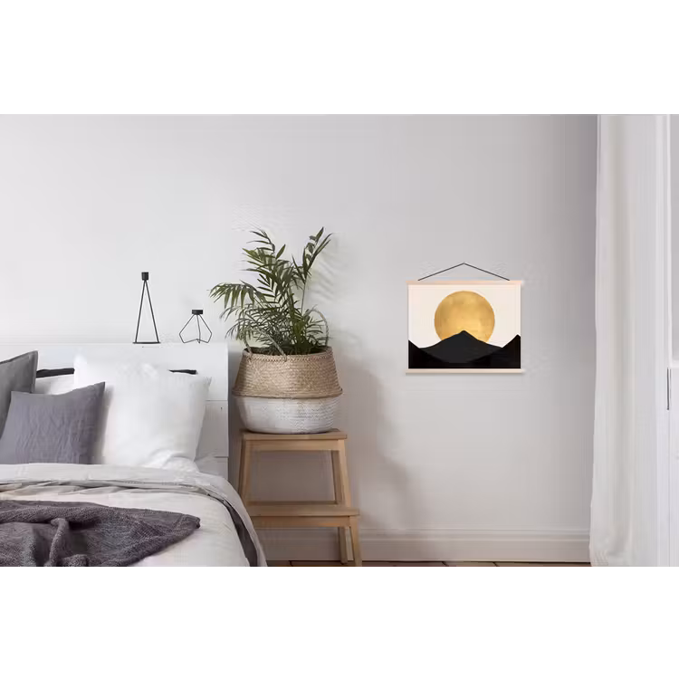 Bergsilhouetten - Gouden cirkel - Beige textielposter latten blank klein -woonkamer
