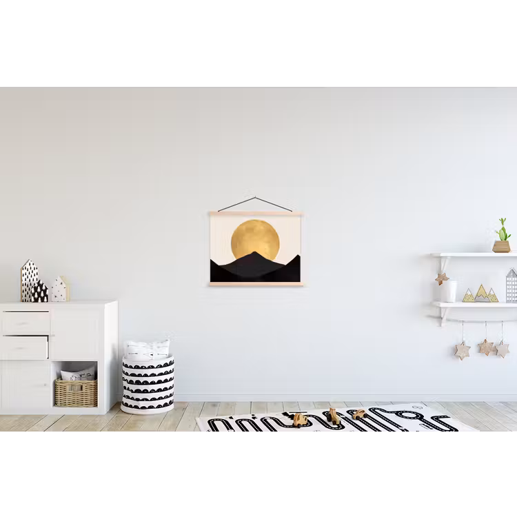 Bergsilhouetten - Gouden cirkel - Beige textielposter latten blank klein -kinderkamer
