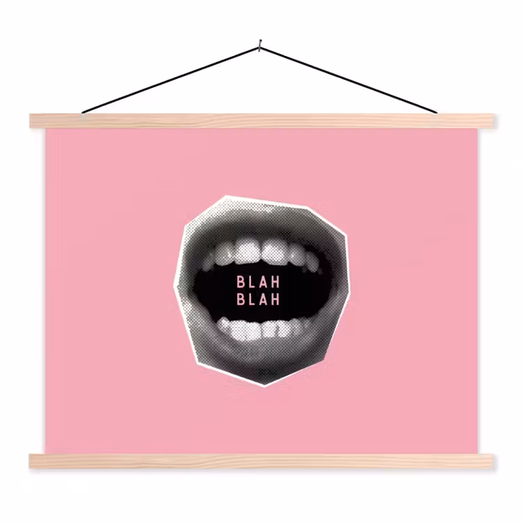 Mond - BLAH BLAH - Roze textielposter latten blank klein -3d