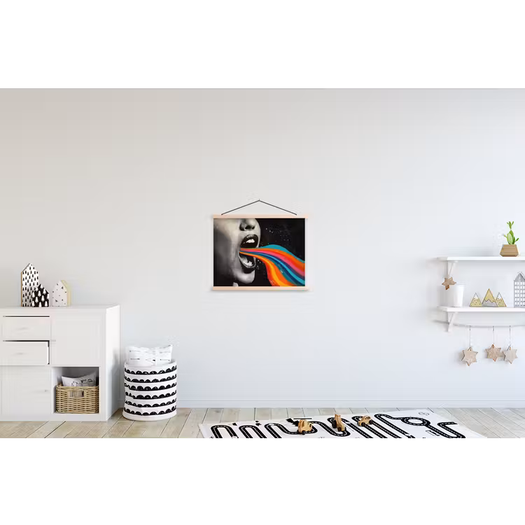 Mond - Golven - Regenboog textielposter latten blank klein -kinderkamer