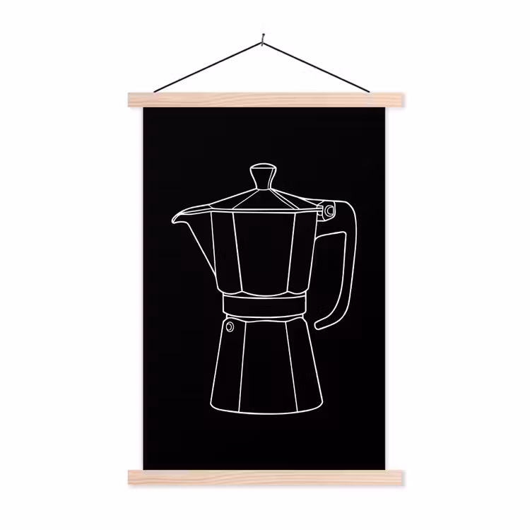 Mokkapot - Zwart - Wit - Lijntekening textielposter latten blank klein -3d