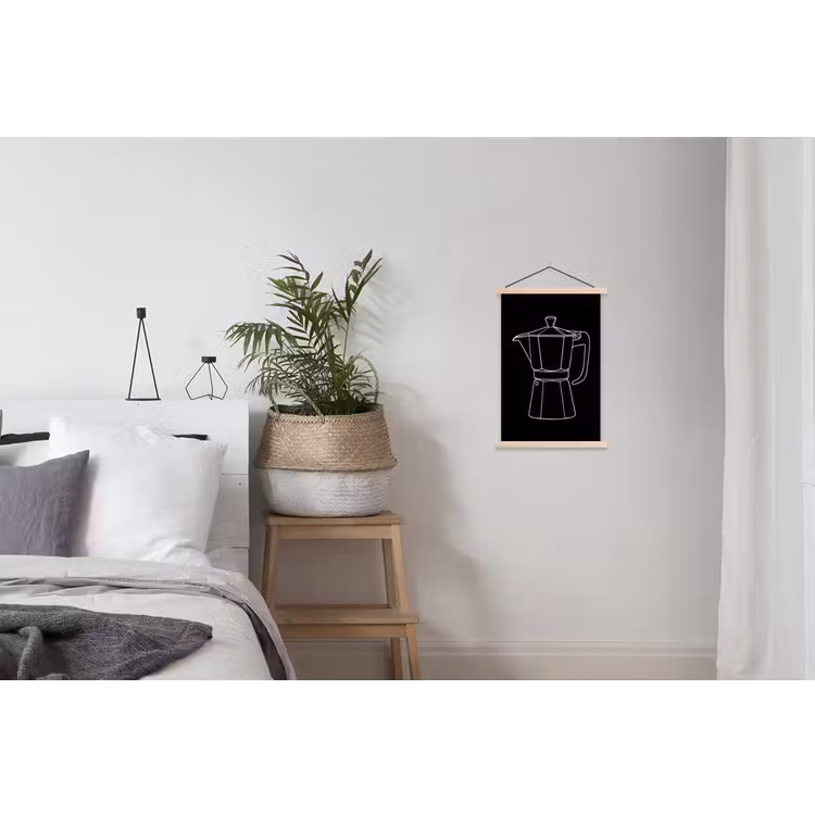 Mokkapot - Zwart - Wit - Lijntekening textielposter latten blank klein -woonkamer