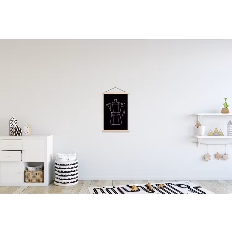 Mokkapot - Zwart - Wit - Lijntekening textielposter latten blank klein -kinderkamer