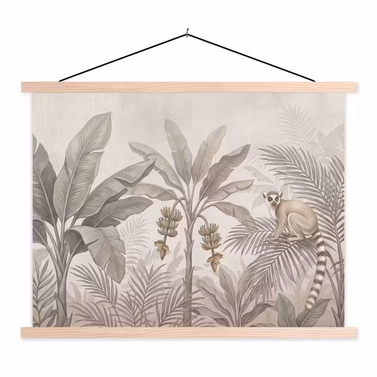 Natuur - Jungle - Ringstaartmaki - Bruin textielposter latten blank klein -3d