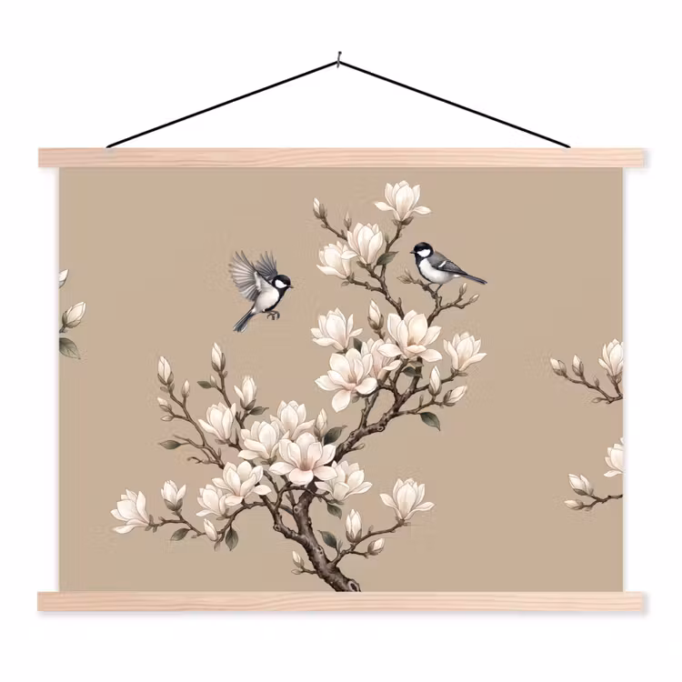 Oosters - Vogels - Beige textielposter latten blank klein -3d