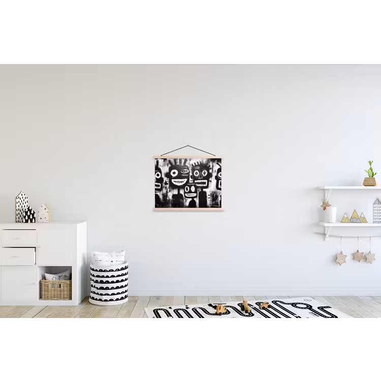 Schilderij - Figuren - Zwart - Abstract textielposter latten blank klein -kinderkamer