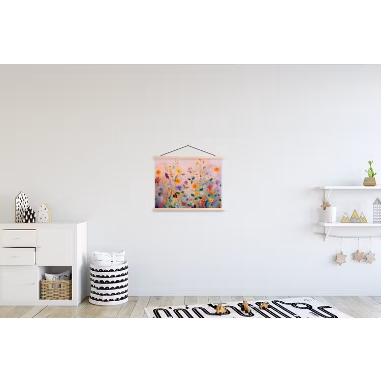 Schilderij - Bloemen - Abstract - Kleurrijk textielposter latten blank klein -kinderkamer