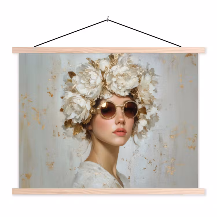 Schilderij - Vrouw - Zonnebril - Bloemenkrans textielposter latten blank klein -3d