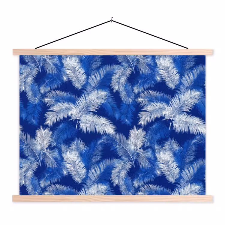Palmblad - Patroon - Blauw textielposter latten blank klein 122 -3d