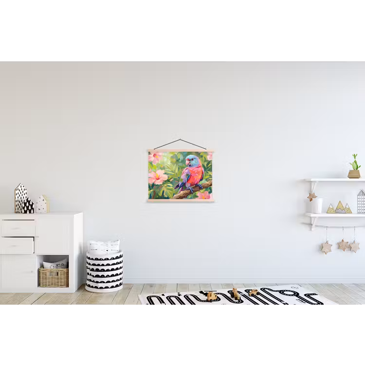 Papagaai - Hibiscusbloemen - Kleurrijk textielposter latten blank klein -kinderkamer